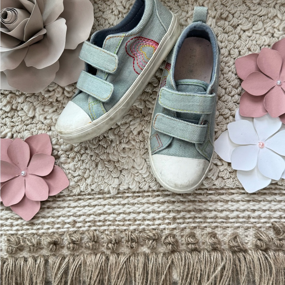 Kids' Denim Velcro Sneakers with Stitched Hearts
